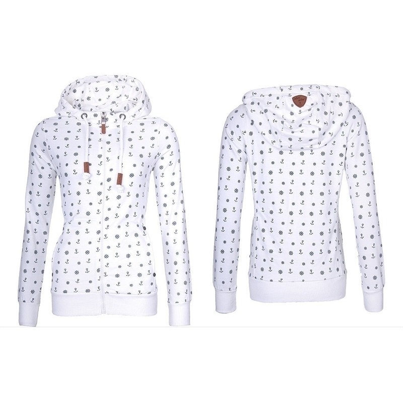 NEW Women Hooded Fleeces Oversize Sea Anchor Print Zipper coat Jumper Casual Sweatshirt Tops Autumn long sleeve hooded sw 201204
