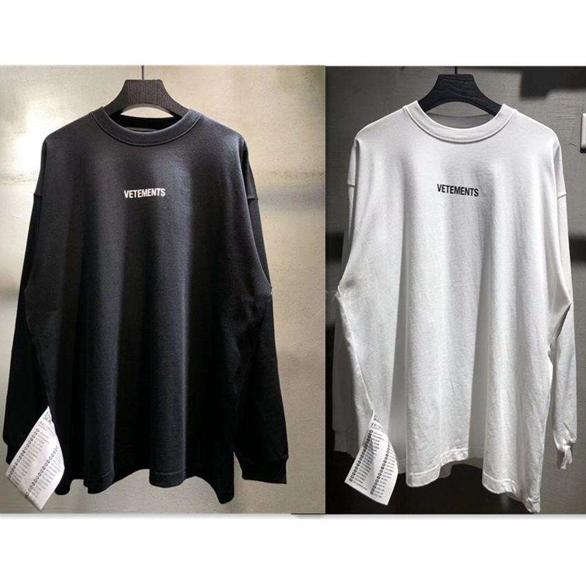 Men Women Front Logo Printed Long Sleeve Extended Paper Label T-shirts