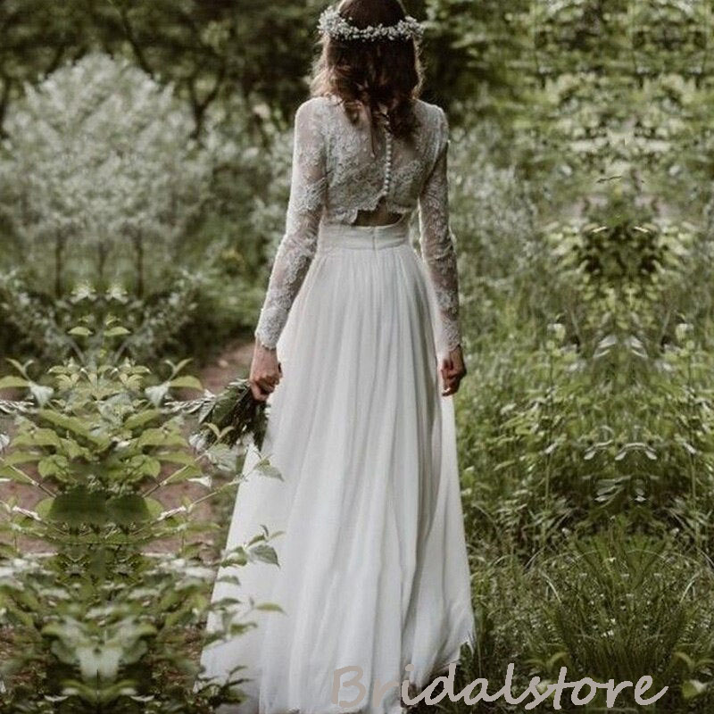 Rustic Two Piece Boho Wedding Dress 2022 Top Lace Long Sleeve Separates Beach Wedding Dresses Sexy Flowy Chiffon Country Bridal Gowns Robes De Mariage