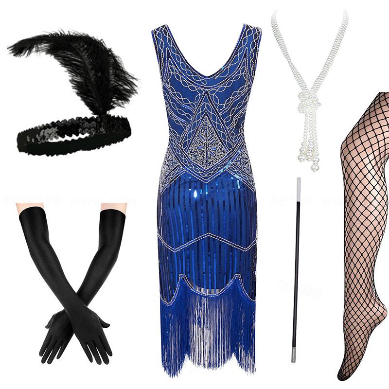Casual Dresses Plus Size 4XL Women's Flapper 1920s Sequin Beaded Fringed Great Gatsby Dress W/Accessories Set XS-XXXXL
