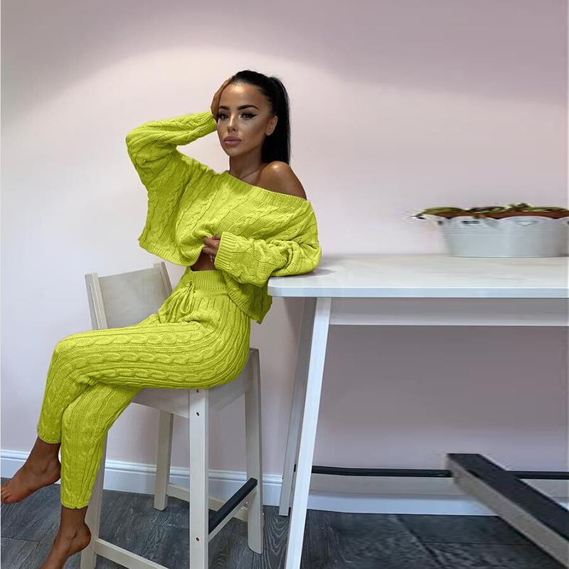 Solid Long Sleeve Set Autumn Winter Two Piece Pants Sweater Outfits Sexy Off Shoulder Loose Top Pencil Suit