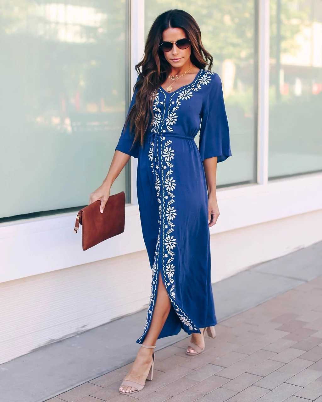 Embroidery V-neck Drawstring Tunic Beachwear Ankle-length Robe Summer Loose Slim Fit Swimming Suit Cover Ups for Women 210604