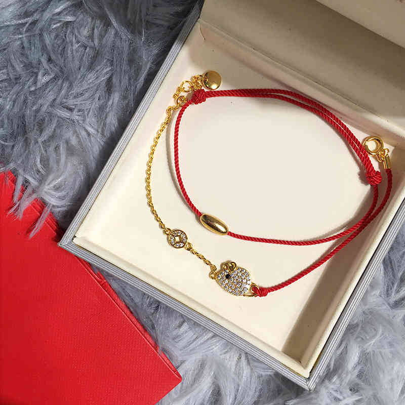 Charm Bracelets 56s925 Silver Diamond Inlaid Hand Woven Benmingnian Rope Transfer Mouse Gold Copper Coin Red Bracelet