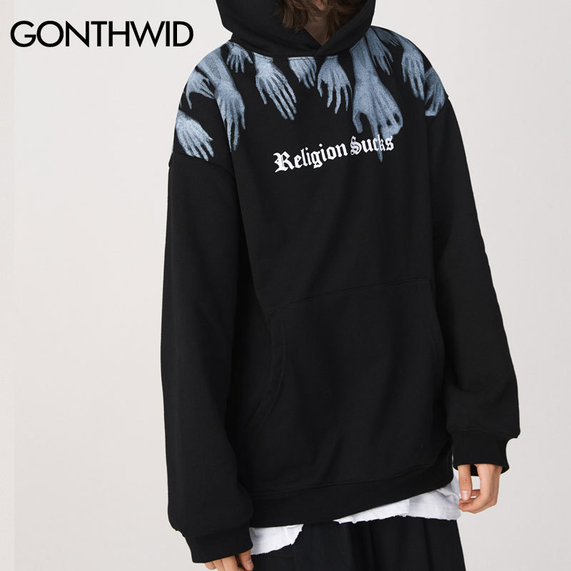 GONTHWID Hands Religion Sucks Print Fleece Hooded Sweatshirts Hoodies Hip Hop Punk Rock Streetwear Casual Tops Hipster Hoodie 201103