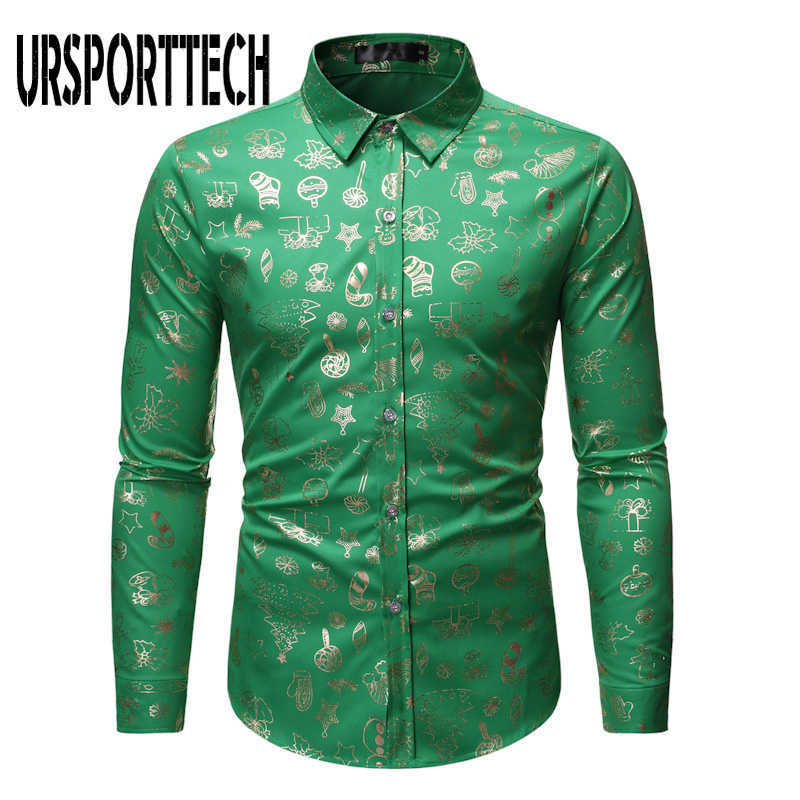 Red Christmas Shirt Men Casual Xmas Gift Printed Mens Long Sleeve Shirt Button Down Dress Shirts Top Blouses Chemise Homme 210528