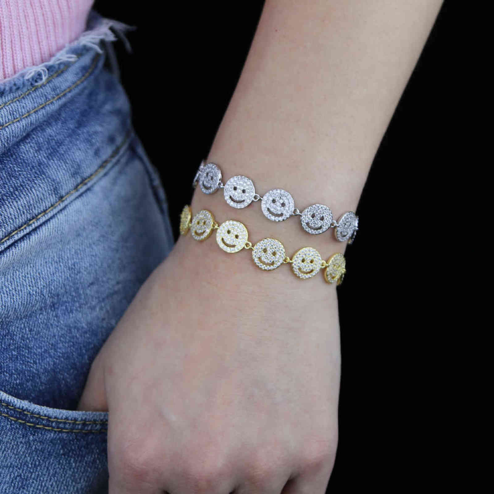 sale gold plated Women girl Micro Pave Cubic Zirconia Good Luck Happy smile face Disc Charm bracelets Birthday Gifts Jewelry 211124