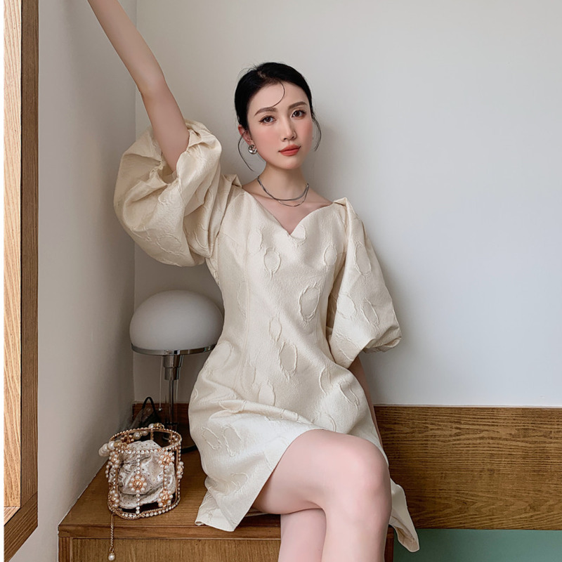 Women Dress Bubble Sleeve V-neck High Waist A-line Temperament Slim Fit Fashion Summer 2H867 210526