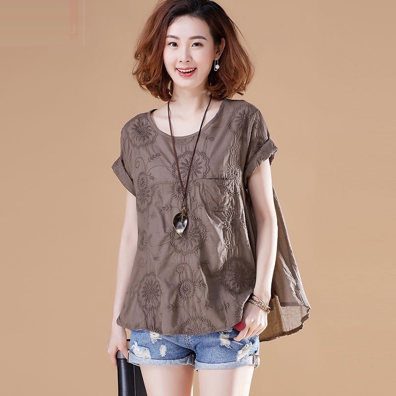Women Tshirt Plus Size Short Sleeve Loose Casual Tee Shirt Femme Cotton Embroidery Vintage Tshirts Ladies Summer Tops D139 210310