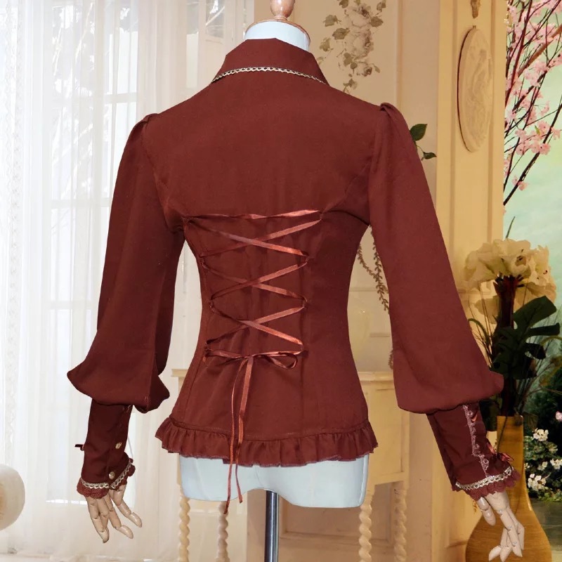 Dress Shirt Steampunk Victorian Costume Women Vintage Slim Fit Chiffon Blouse Lolita Bow Tie Lantern Sleeves Top Braid For Lady 210225