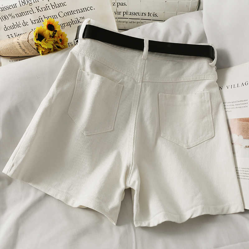 Summer Fashion Denim Shorts Belt High Waisted Elegant Jeans Wide Leg Short Feminimos Korean Causal Bottoms 6H734 210603