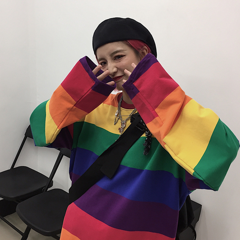 Neploe Plus Size Causal Cotton T Shirt Women Striped T-shirt Rainbow Shirt Female Harajuku Loose Top Shirts Punk Style Top 56318 210302