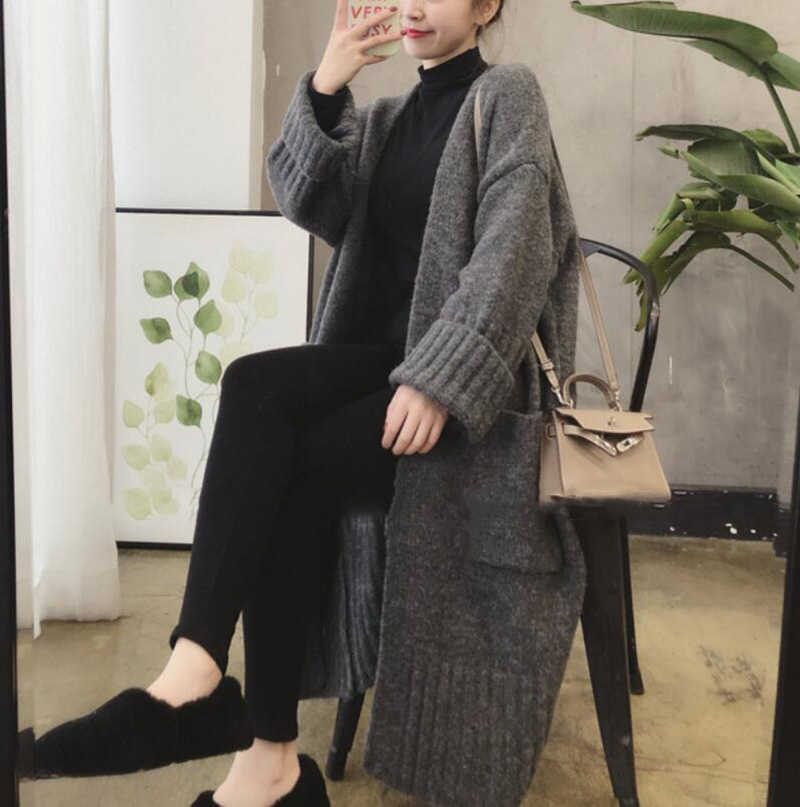 Fall Womens Korean Style Loose Big Pockets Knitted Cardigan Long Fashionable Sweater Winter Thick Casual Mujer 210604