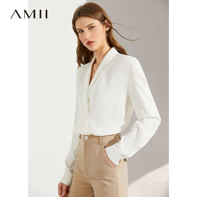 Minimalism Autumn Olstyle Chiffon Solid Women Blouse Tops Causal Vneck Full Sleeve Loose Female 1317 210527