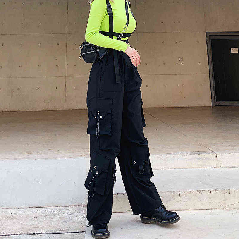 QWEEK Gothic Cargo Pants Women Korean Fashion Spring Harajuku Streetwear Oversized High Waisted Loose Trousers Female Goth 211124