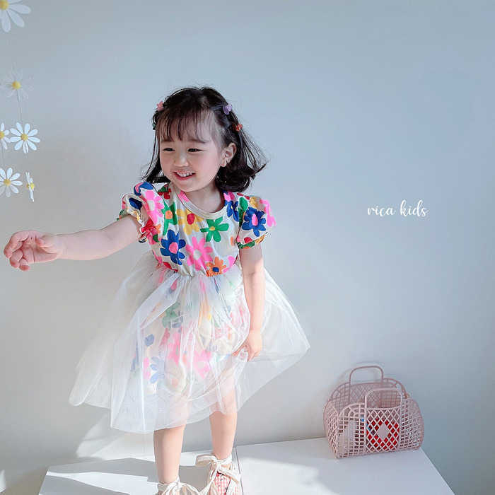 Korean Girls Flowers Dress Princess Tulle Print Pattern for Kids Lovely Cotton Tiered Birthday Causal Clothes 210529