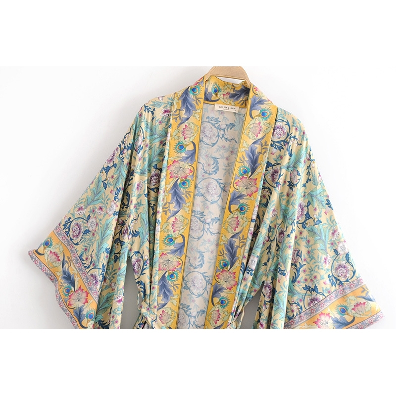 Boho Spring Summer Floral Loose Casual kimono Sleeve beach top Open Front maxi Kimono Tie Belt shirt blouse beach women 210225