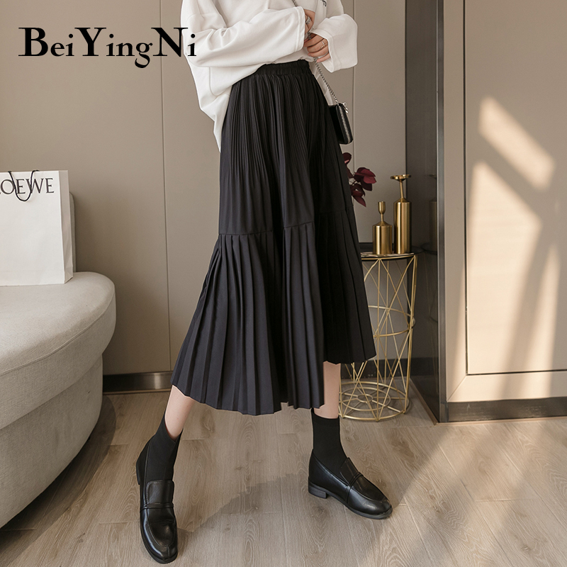 Beiyingni Vintage Pleated Midi Skirt for Woman Casual Elastic High Waist Solid Skirts Womens Harajuku Office Skirt Ladies 210309