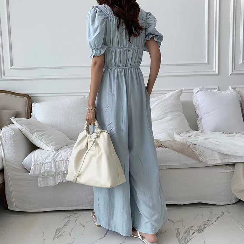 Korejpaa Women Jumpsuits Summer Korean Chic Elegant Temperament Wood Ear Stitching Pleated Puff Sleeve Wide-Leg Jumpsuit 210526