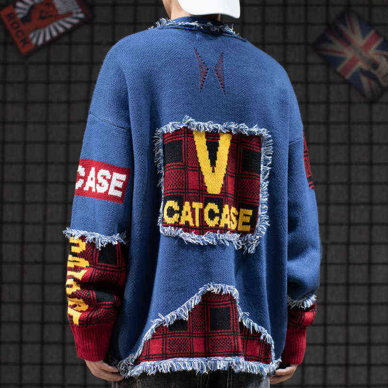 Hip Hop Colorblock Tassel Cardigan Sweater Harajuku Streetwear Patch Cardigans Outwear Men Raw Edges Plaid Knitted Sweaters 211102