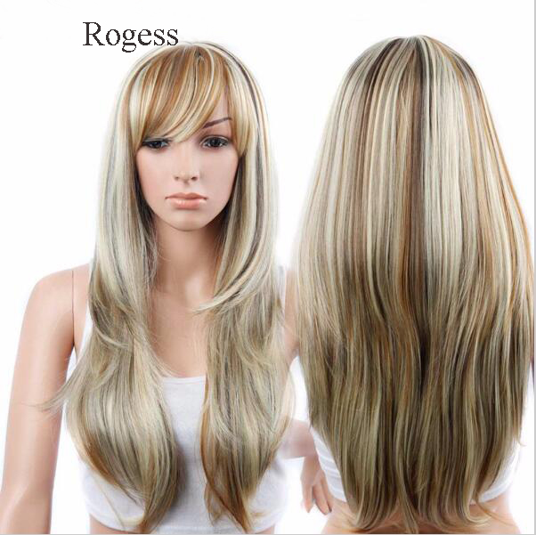 New Fashion Long Straight Blond Highlighted Brown Synthetic wig with Qi Bangs women's Hair wigs for life Cosplay