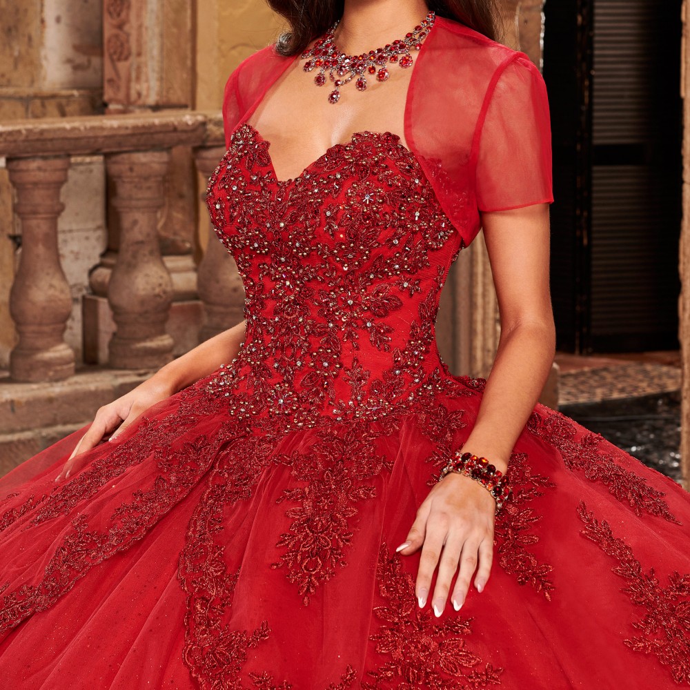 Carmina Quinceanera Dresses In Champagne Gold, Red Color Prom Gowns Floral Applique with Beaded Sequins Classic Tonal Embroidered Tulle