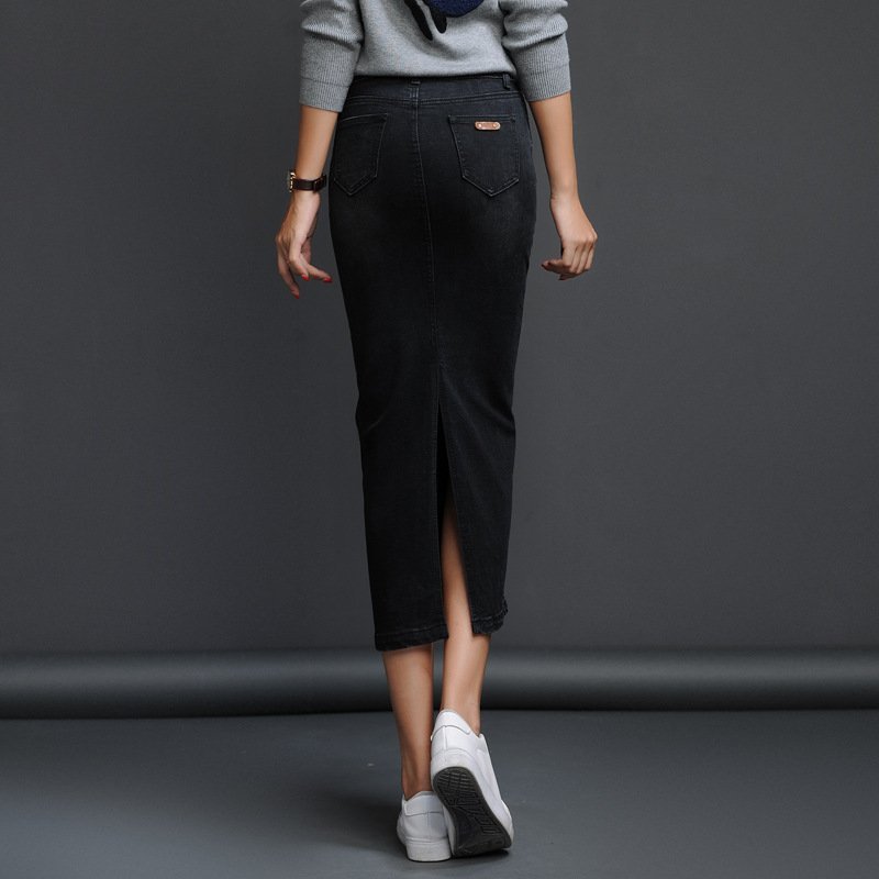 Lguc.H Classic Denim Skirt Woman Long Jeans Skirt Split High Waist Skirts Womens Women Skirt Washed Jupe Femme Black Blue 210306