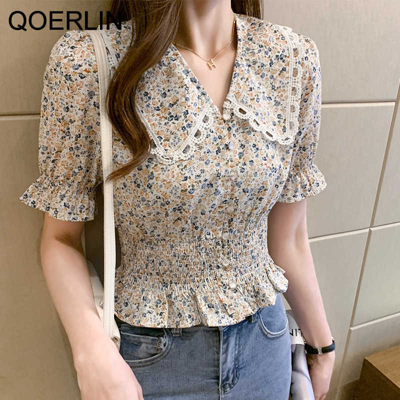 Chic Peter Pan Collar Elastic Waist Shirts Girls Sweet Korean Style Short Sleeve Slim Tops Blouse Fashion Printed Floral 210601