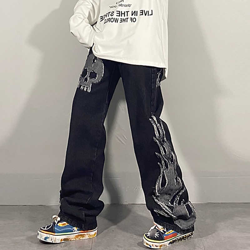 SHENGPALAE Dark streetwear Wash Jeans Women's Spring High Waist Trendy Straight Tube Wide Leg Skeleton Denim Pants 210708