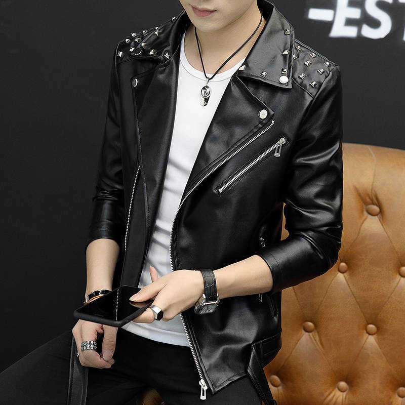 Idopy Men`s Faux Leather Jacket Rivet Studded Slim Fit Multi Zippers Motorcycle Outerwear Jacket and Coat For Male 211018