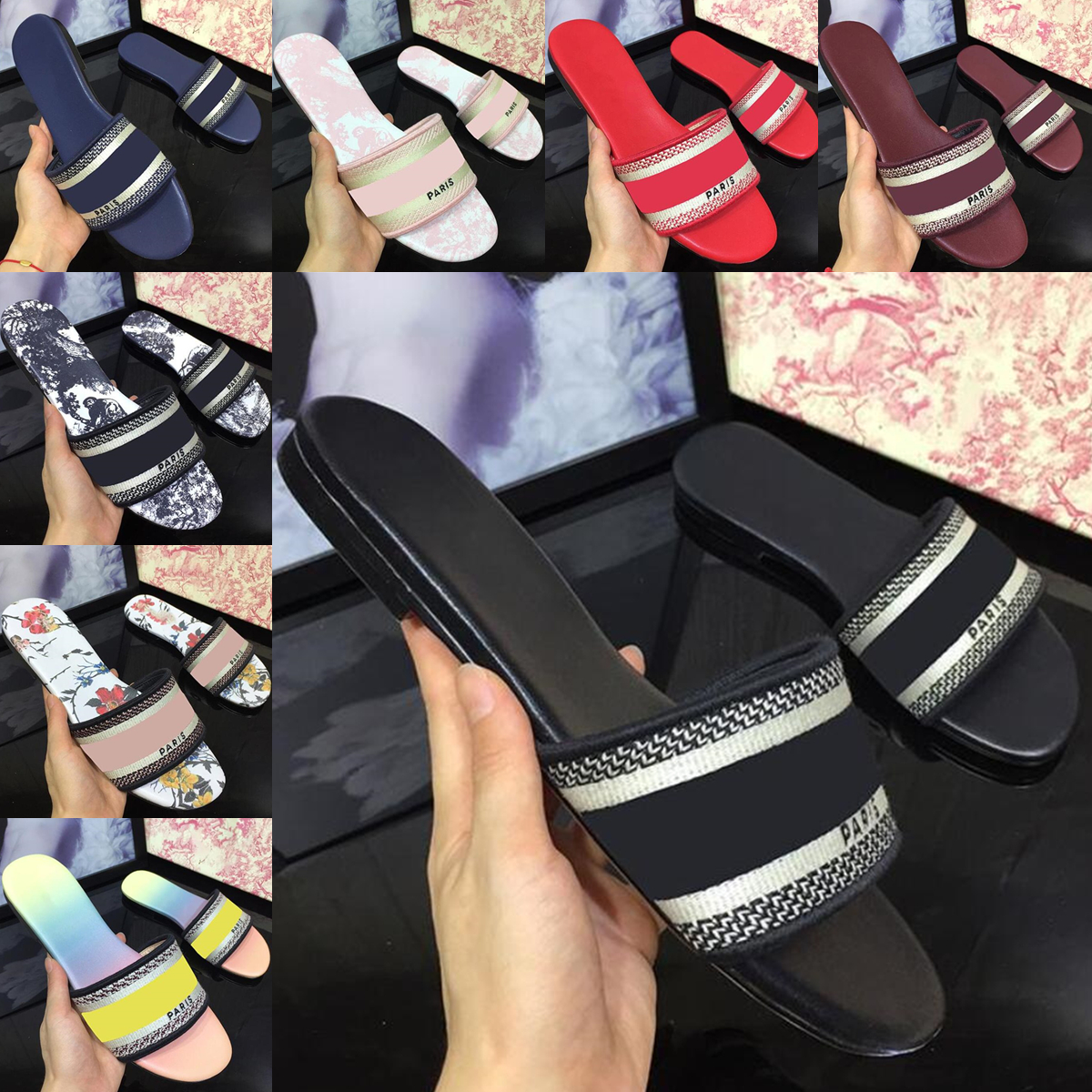 2021 Paris Womens Slippers Beach Slides Scuffs Summer Sandals Ladies Flip Flops Sexy Multicolors Embroidered Floral Shoes with shoe box size 42, 16
2021 Paris Womens Slippers Beach Slides Scuffs Summer Sandals Ladies Flip Flops Sexy Multicolors Embroidered Floral Shoes with shoe box size 42, 16