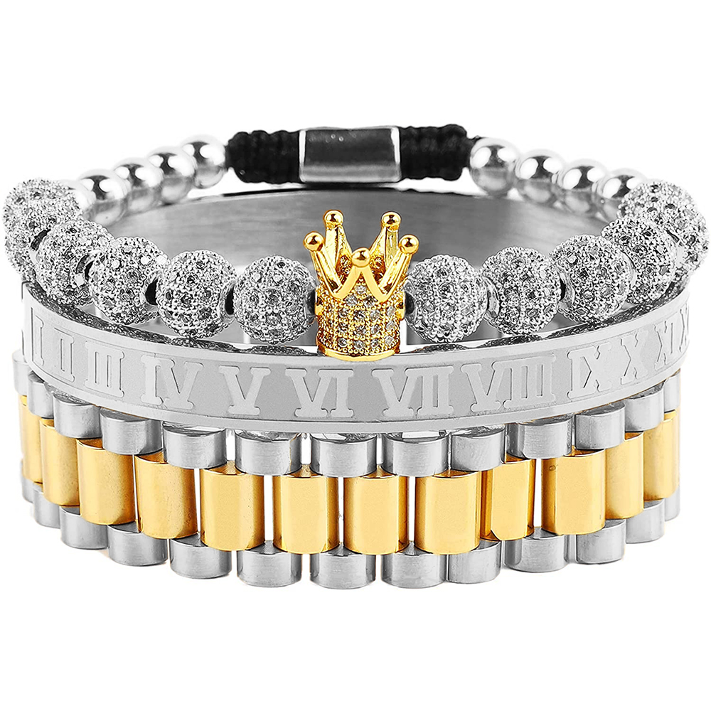 3pcs/set Imperial Crown King Mens Bracelet Pave CZ Gold Bracelets for Men Luxury Charm Fashion Cuff Bangle Birthday Jewelry