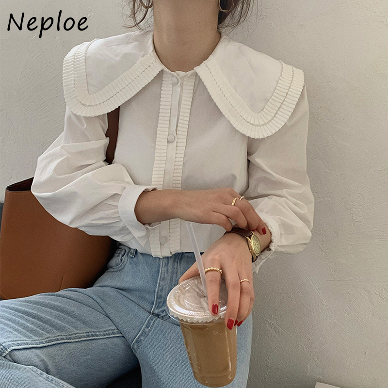 Neploe Doll Collar Puff Long Sleeve Cute Blouse Women Work Style OL Loose White Blue Blusas Single Breast Simple Shirt 210225