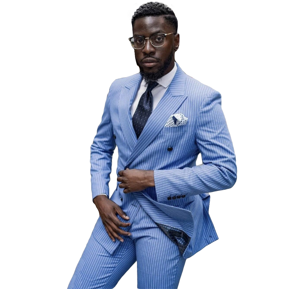 Two-Pieces Blue Stripe Men Business Suits Single Breasted Custom Made Slim Fit Groom Party Coat Tailored Work Wear