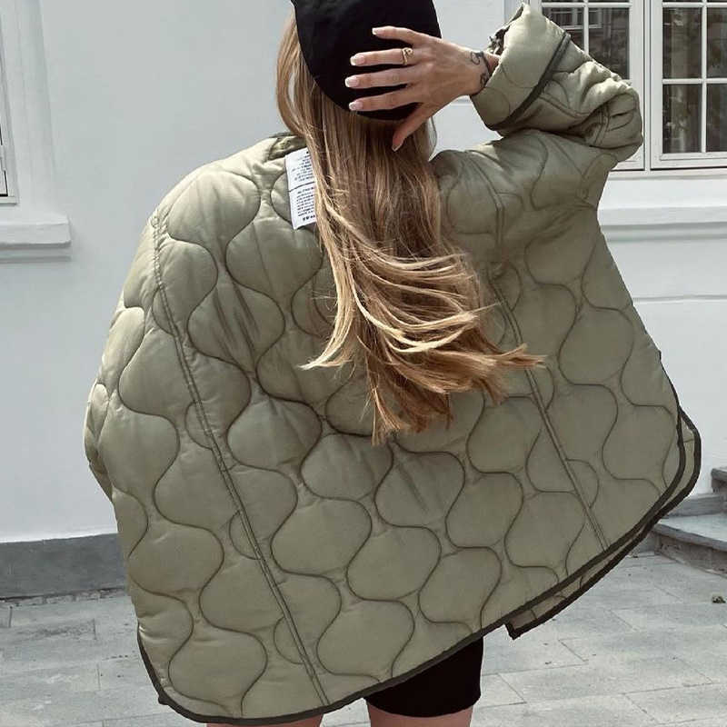 Women Army Green Winter Quilted Parkas Female Casual Long Sleeve Pocket Single Breasted Curved Hem Jacket Coat 211007