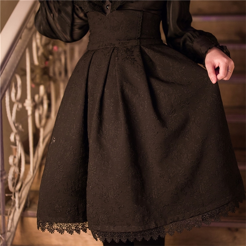 Women Classic Lolita Skirt Vintage Style Retro Gothic Darkness Lace Up High Waist A Line Chapel Church Formal Skirts Black T200113