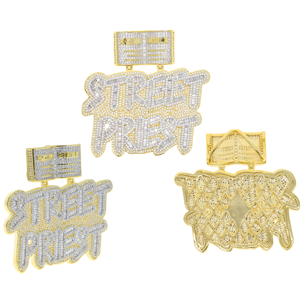Iced out Women Men Full cubic zircon paved silver color letter stkeet pkiest charm pendant Necklace For punk Hip hop Jewelry wholesale
