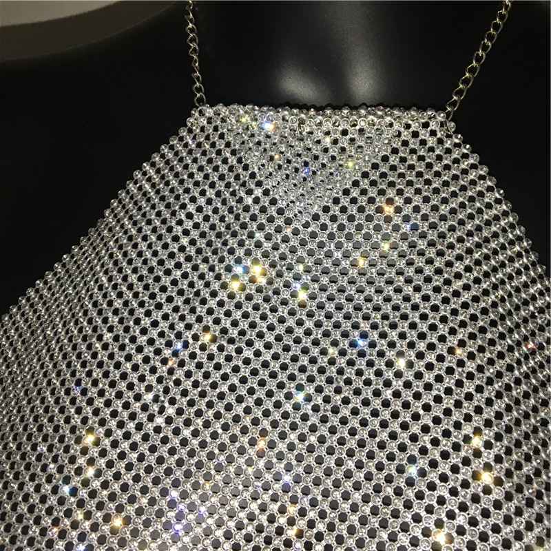 FestivalQueen Sexy Halter Rhinestone Diamonds Crop Tops Women Low Cut Adjustable Metal Chain Backless Camisole Cropped Top 210308