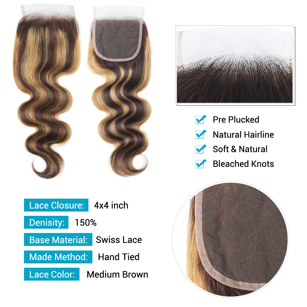 Highlight Brazilian Straight Hair 3 Bundles With Closures Free Part P4/27 Color Full Soft Dyeable
