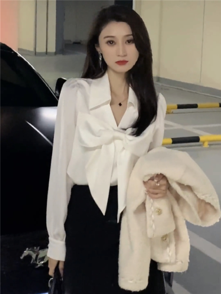 New design womens turn down long sleeve bow patched blouse OL shirt tops SMLXL