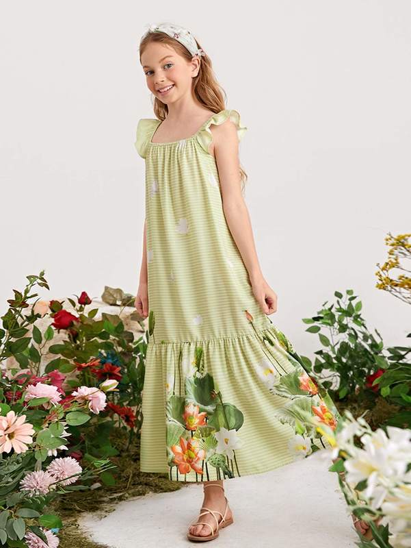 Girls Floral Armhole Ruffle Hem Floral & Striped Smock Dress SHE