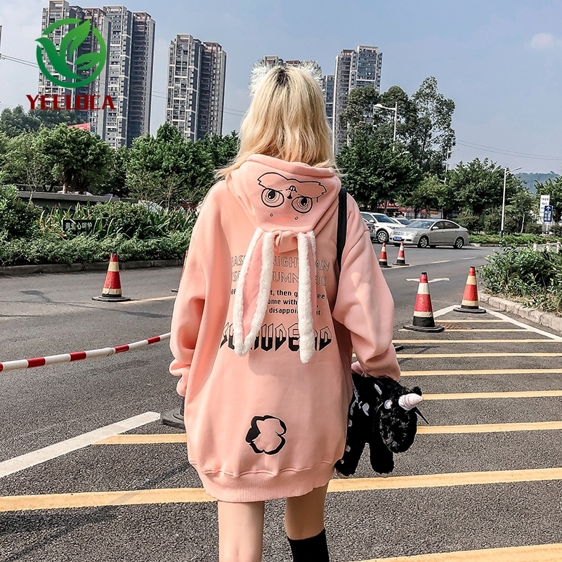 Autumn Winter Thicken Rabbit Ears Hooded Sweatshirt Casual Couple Personality Oversized Cotton Hoodie Men Women 201020