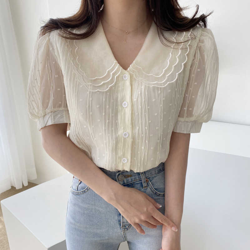 Korejpaa Women Shirt Summer Korean Gentle Doll Collar Lace Single-Breasted Three-Dimensional Jacquard Puff Sleeve Blouses 210526