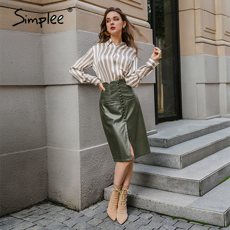 Simplee Sexy blackish green autumn winter women skirt Elegant office pu leather skirt High street fashion female pencil skirts 210309