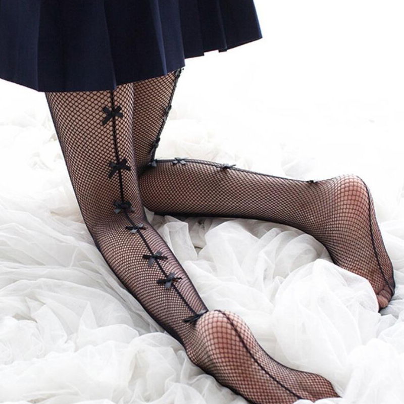 New women socks Stay Up Fishnet High Stockings Vertical Line Bow Small Net Pantyhose Over Back Knee