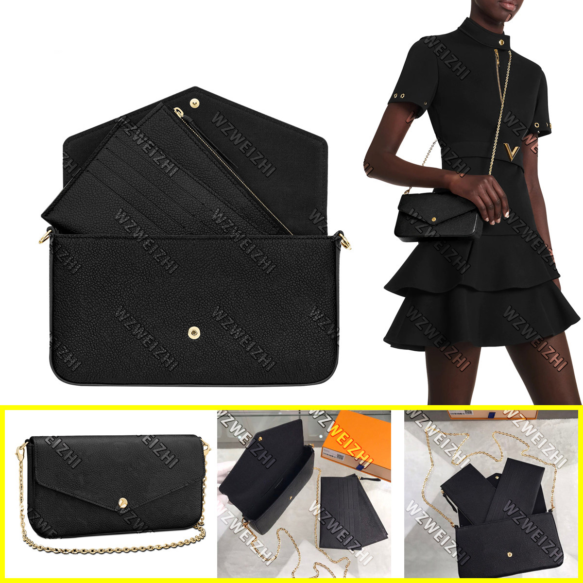 Genuine Leather Women Shoulder Bag 3-piece Leather Fashion Bags Ladies Embossed Handbag (with two detachable inner pockets and a golden chain)High-End Wallet With Box, Black
Genuine Leather Women Shoulder Bag 3-piece Leather Fashion Bags Ladies Embossed Handbag (with two detachable inner pockets and a golden chain)High-End Wallet With Box, Black