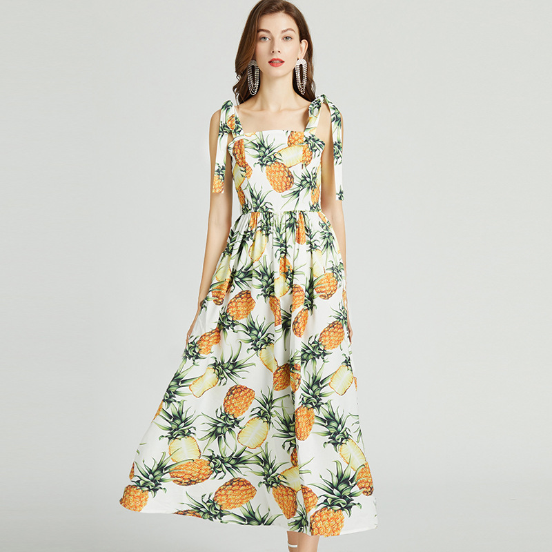 Pineapple Fruits Printing Dress Spaghetti Strap Maxi Dresses 2021 Summer Fashion Women Sliming Vestidos Holiday Wear, As picture