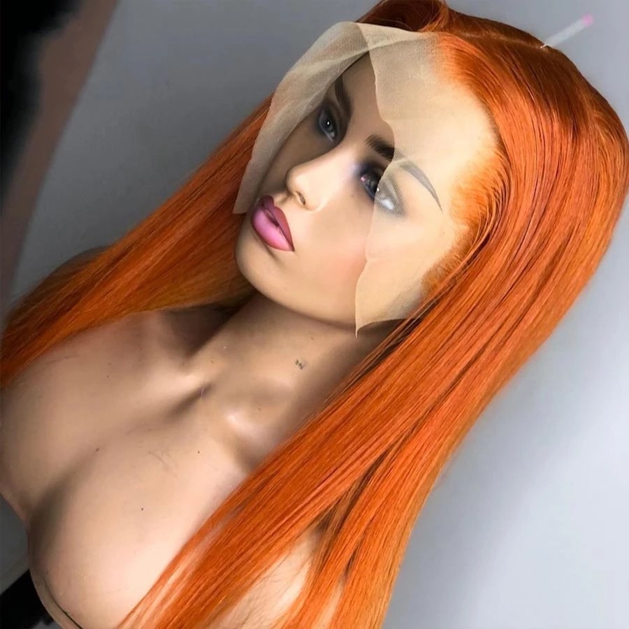 Orange Ginger Color 13x4 Wavy Human Hair Wigs 180% Density Long Straight Synthetic Lace Frontal Wig