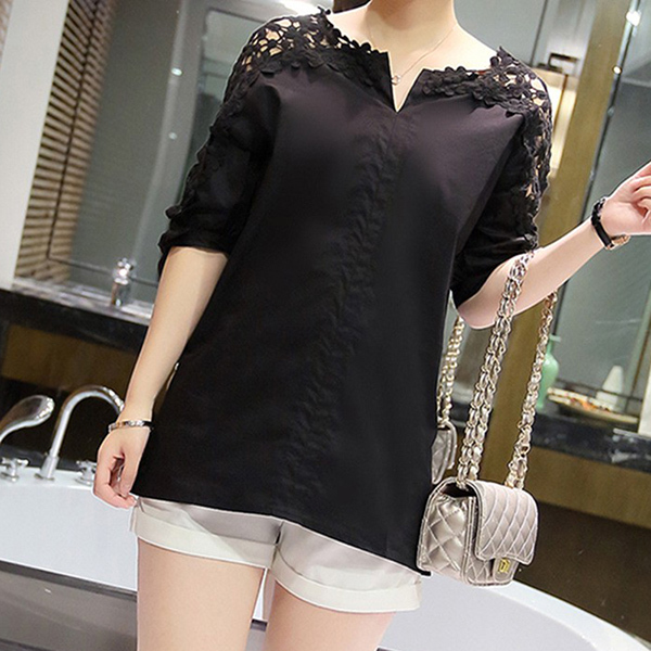 White Plus Size Women Blouses Shirts Fashion Floral Hollow Out Short Sleeve Women's Clothing V-neck Tops Blusas 5XL 823A 30 210225