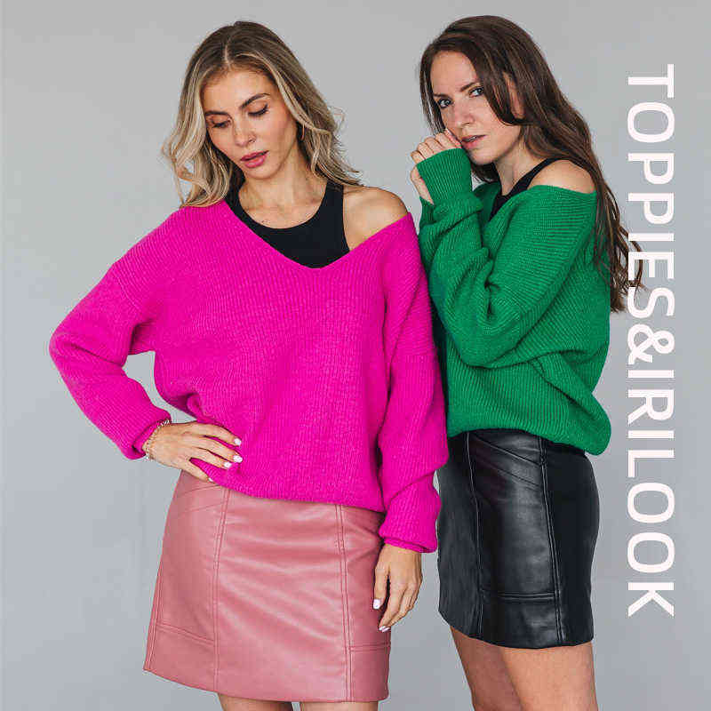 Toppies Sexy Deep v-neck Sweater Off Shoulder Sweater Green White Knitted Tops Korean Winter Clothes 211109