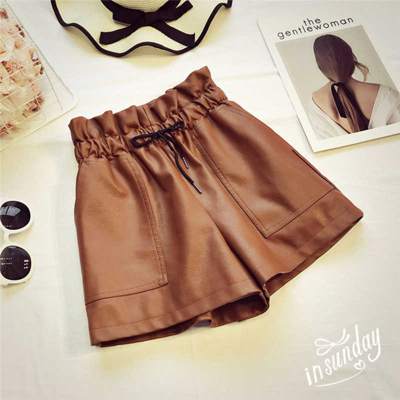 Spring Korean Style Female Sexy Leather Shorts High Waist Loose Wide Leg Short Femme Elastic Waist Belt 210611